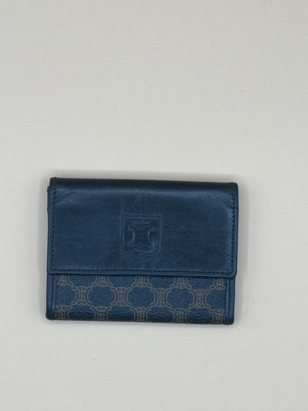 CELINE Vintage Macadam Blason Navy Canvas Leather Bifold Wallet Gold Snap